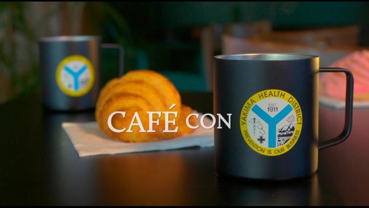 Text Cafe con over two coffee mugs with Yakima Health District logos