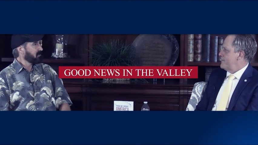 Title card shows two middle-aged Caucasian men seated with the text Good News in the Valley